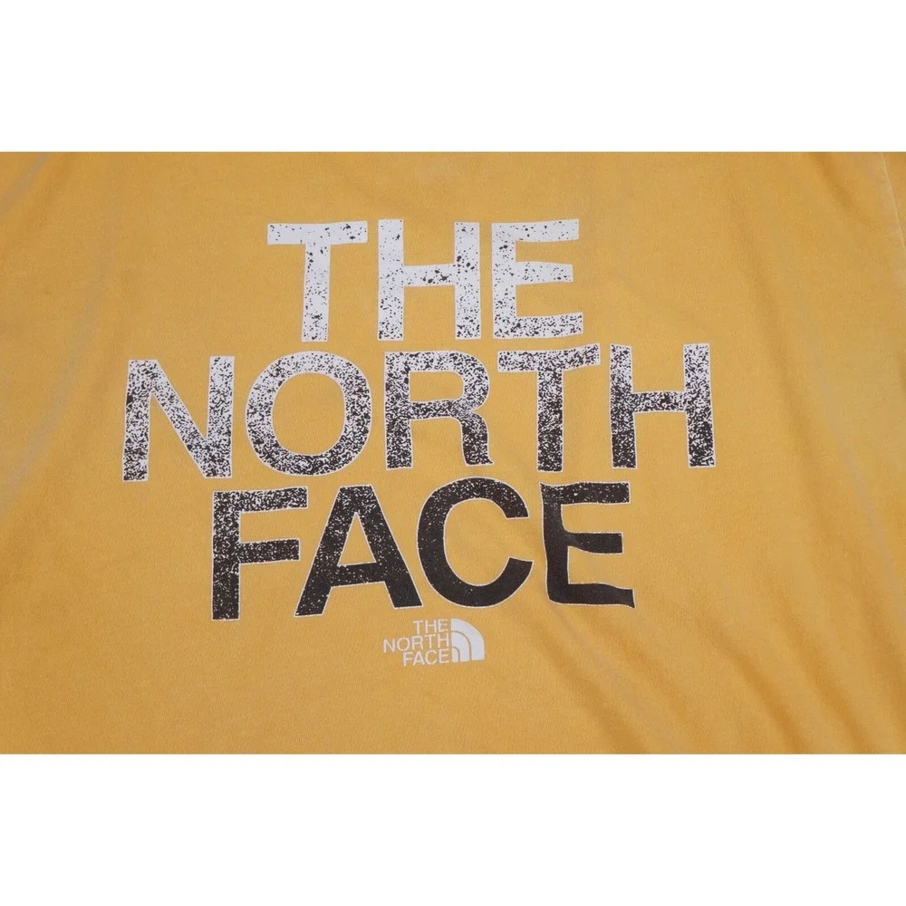 The North Face Shirt Mens Large Yellow Short Sleeve Spellout Logo Out door Fade